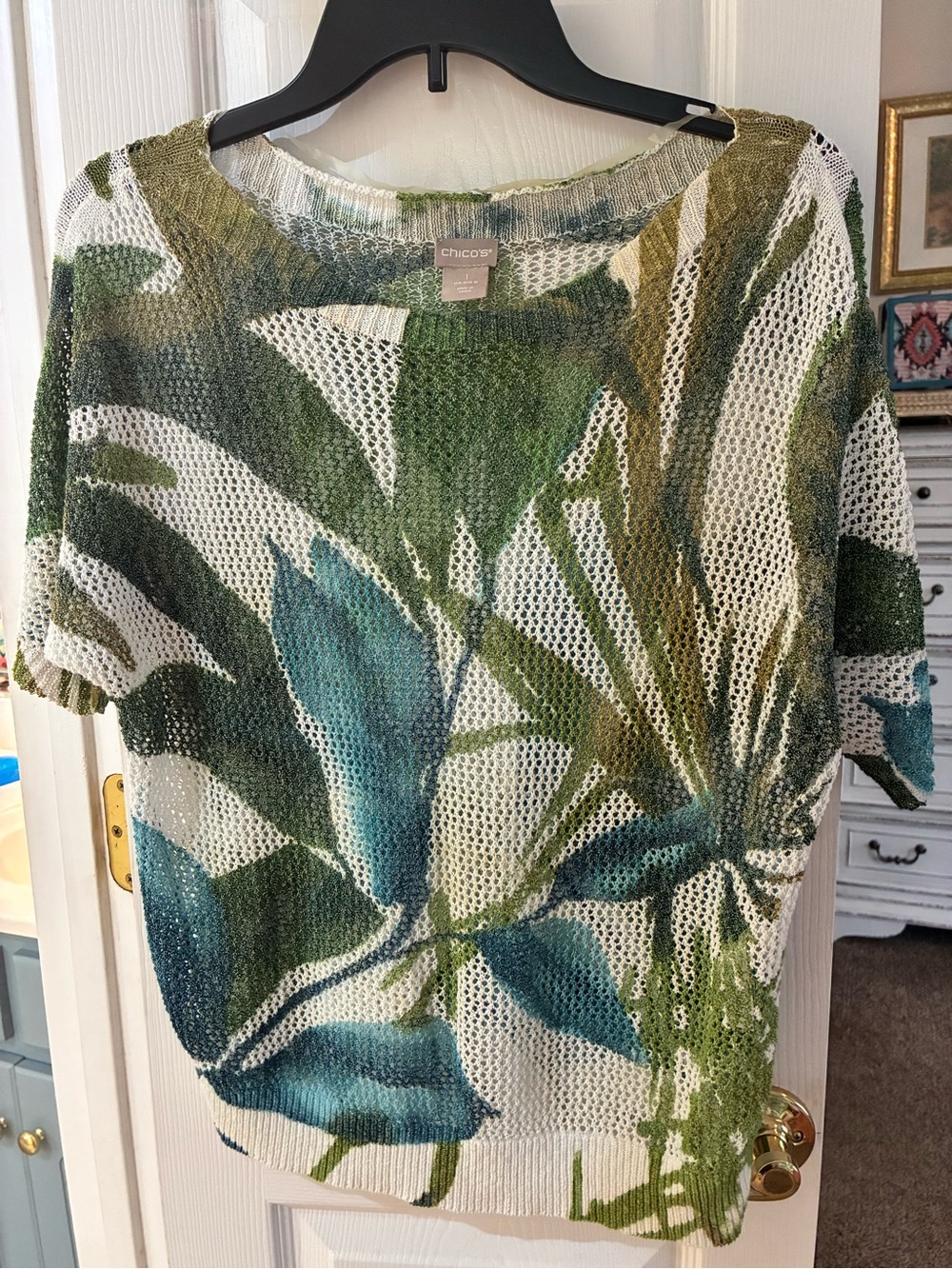 Chico's Olive & Teal Tropical Palm Print Open Knit Sweater SZ 1/M